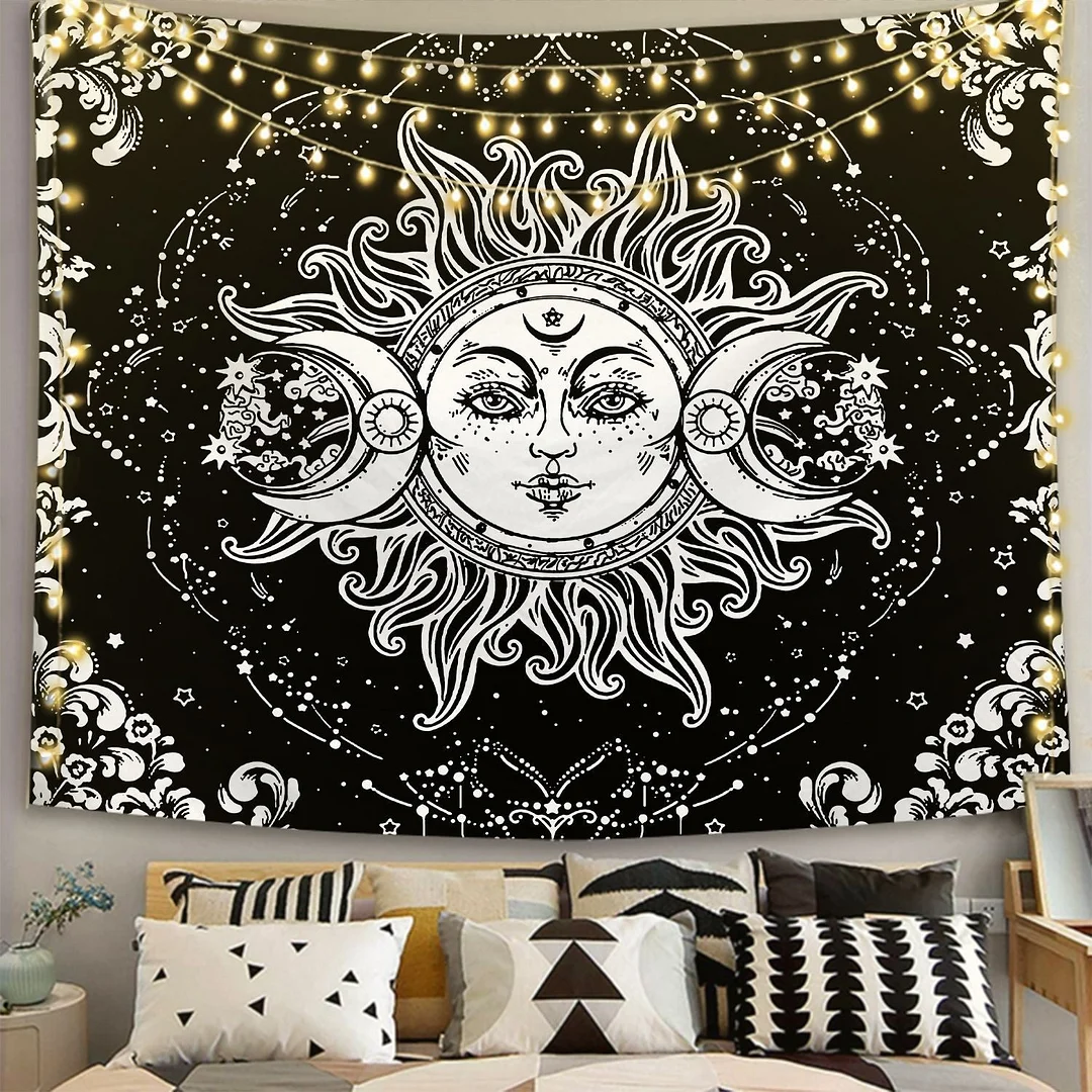 White Black Sun and Moon Tapestry Wall Hanging Witchcraft Psychedelic Tapestries Boho Hippie Wall Rugs Dorm Decor Beach Blanket