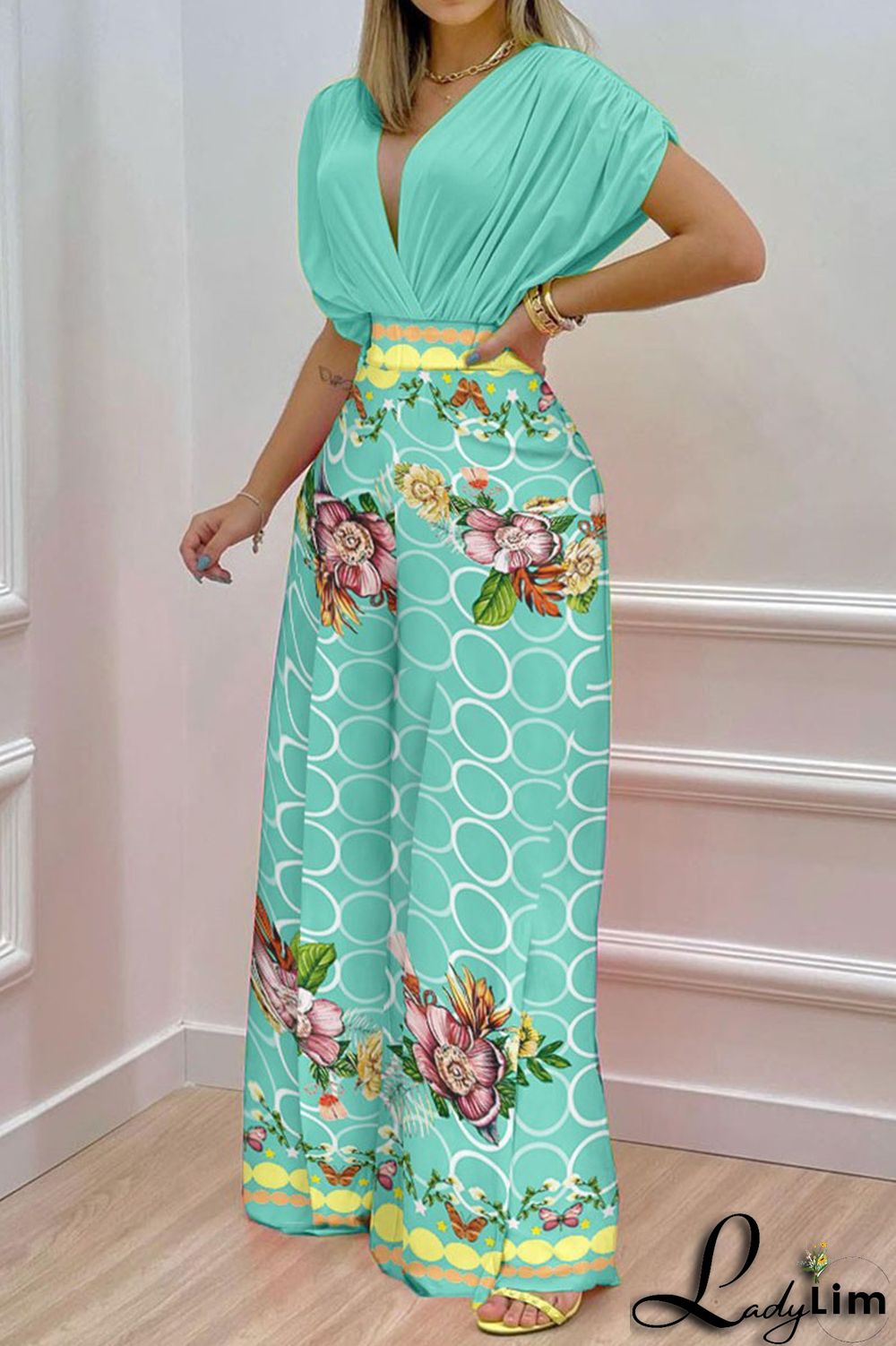 Green Casual Print Split Joint V Neck Short Sleeve Two Pieces