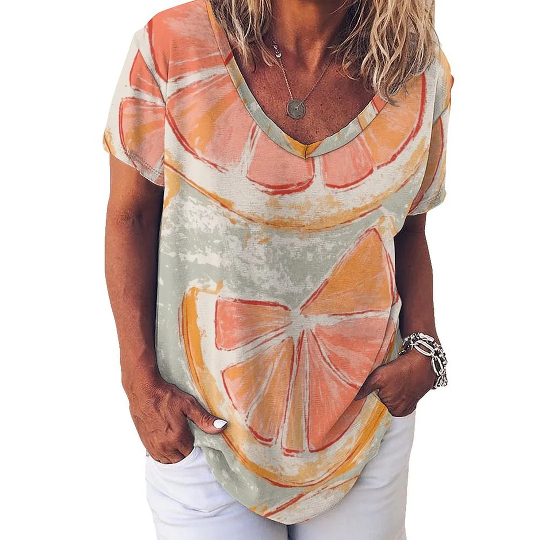 V-neck Short Sleeve Casual T-shirt for  Women Printed with Pattern Lemon, Summer, Yellow