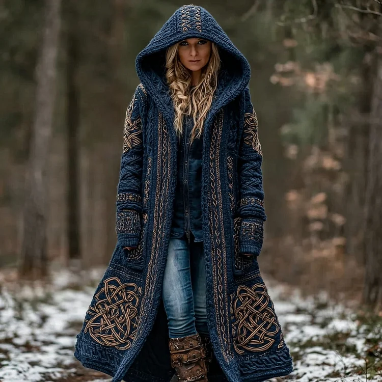 Women's Vintage Viking Celtic Knot Knit Long Sweater Jacket