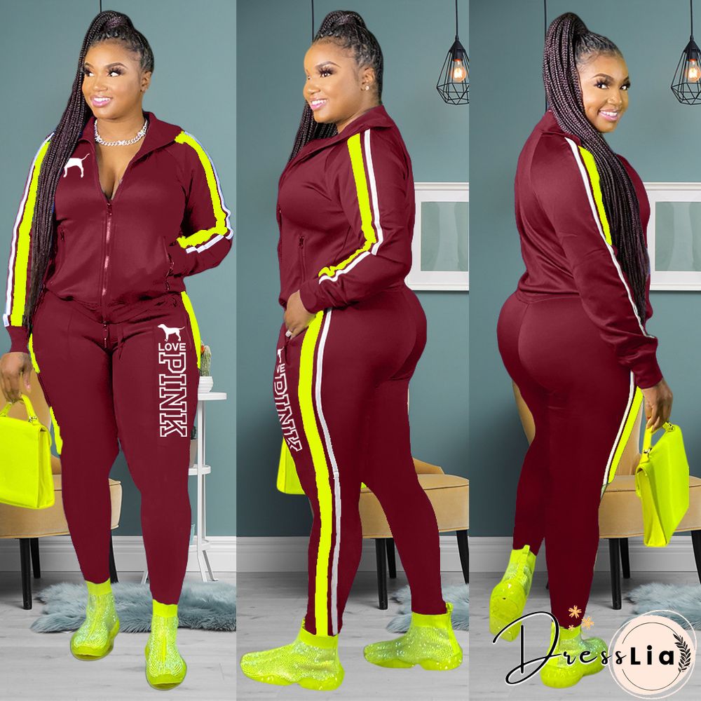 Plus Size Zipper Jacket Tops Sporty Pants Two Piece Set