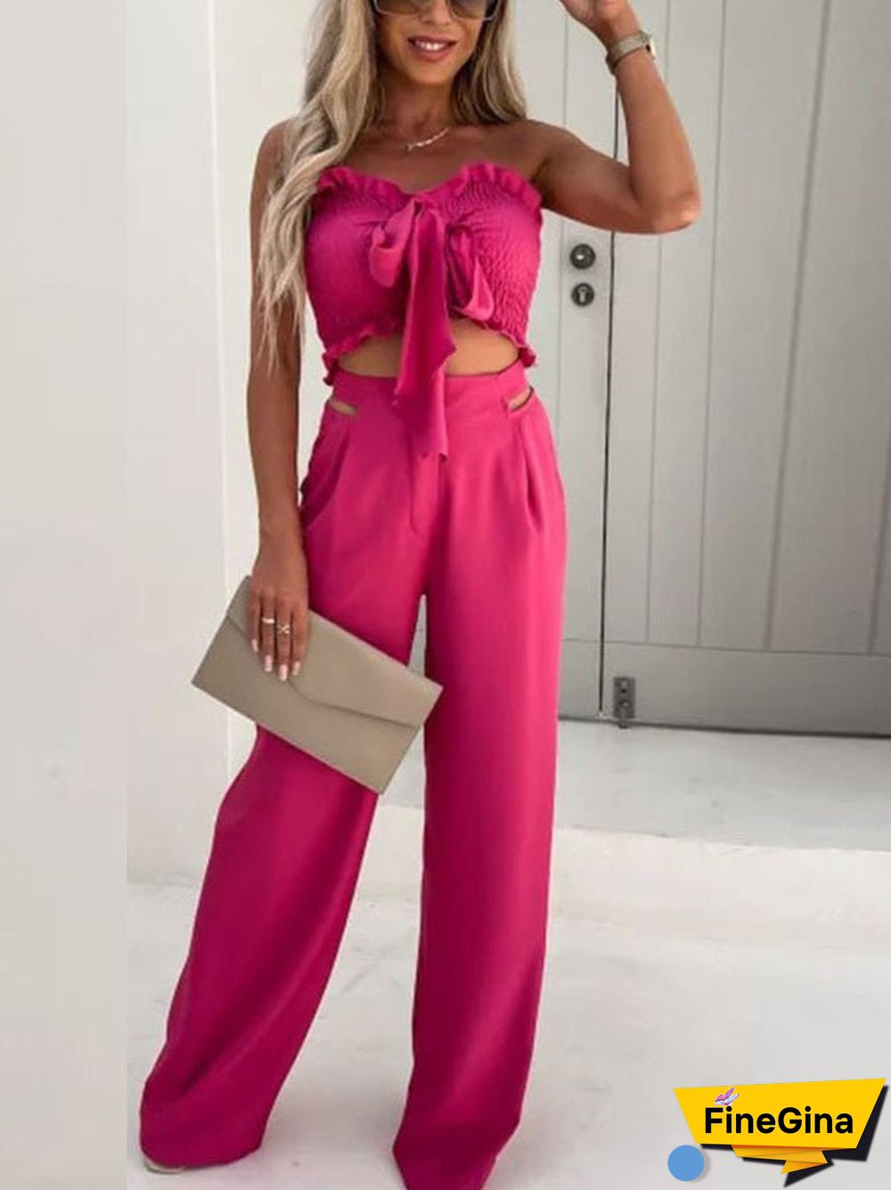 Women'S Sets Bow Cropped Top & Wide Leg Pants Two-Piece Set