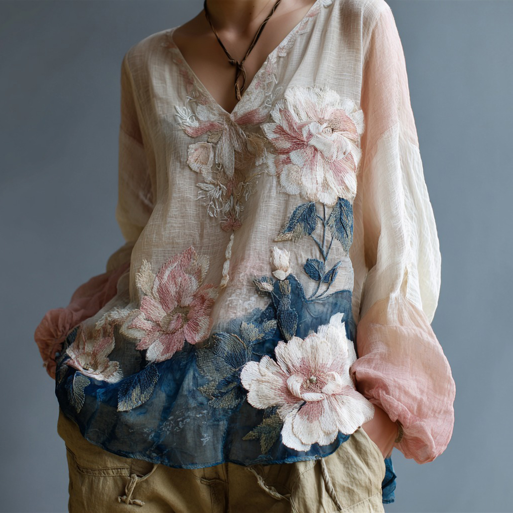 Women's Vintage Floral Art V-neck Long Sleeve Shirt  artssus