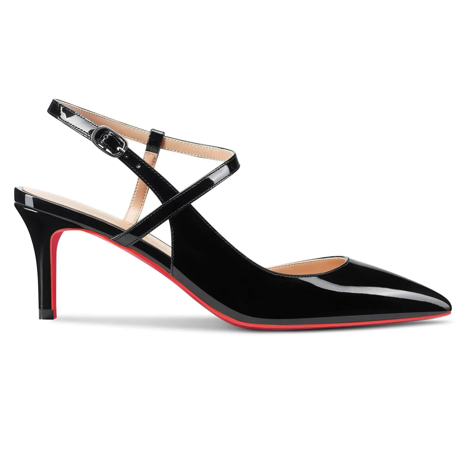 65mm Women Slingback Pumps Ankle Strap Jenlove Stiletto Mid Heel Close Pointed Toe Dress Red Bottoms Shoes-vocosishoes