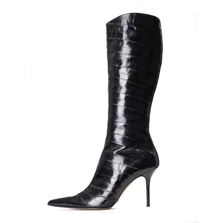 Cat Women Black Stiletto Heels Pointy Toe Knee-high Boots for Halloween |FSJ Shoes