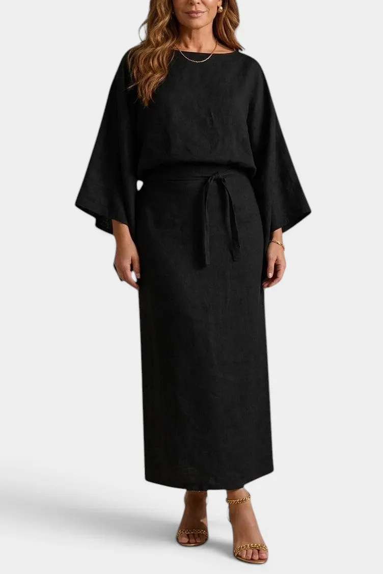 Wide Sleeve Midi Kimono Dress with Tie Waist
