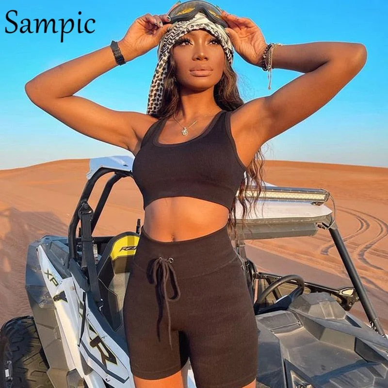 Sampic Sexy Women Summer Tracksuit Shorts Set 2021 Sport Skinny Knit Tops And High Waisted Mini Biker Shorts Suit Two Piece Set