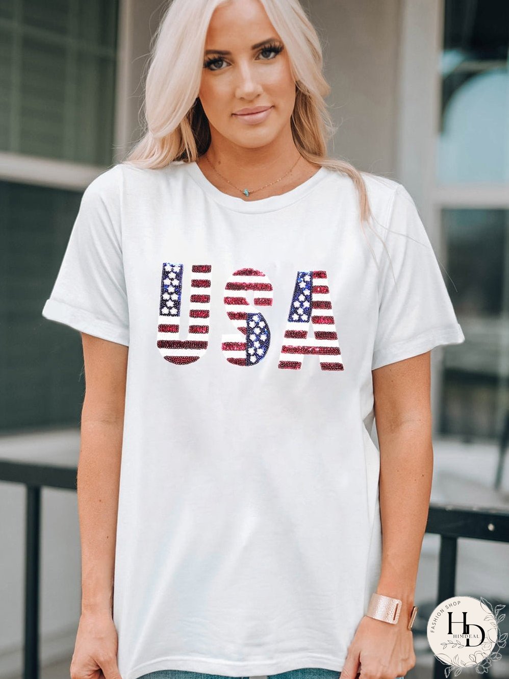USA Flag Sequin Embellished White Round Neck Tee