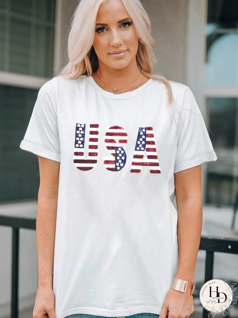 USA Flag Sequin Embellished White Round Neck Tee