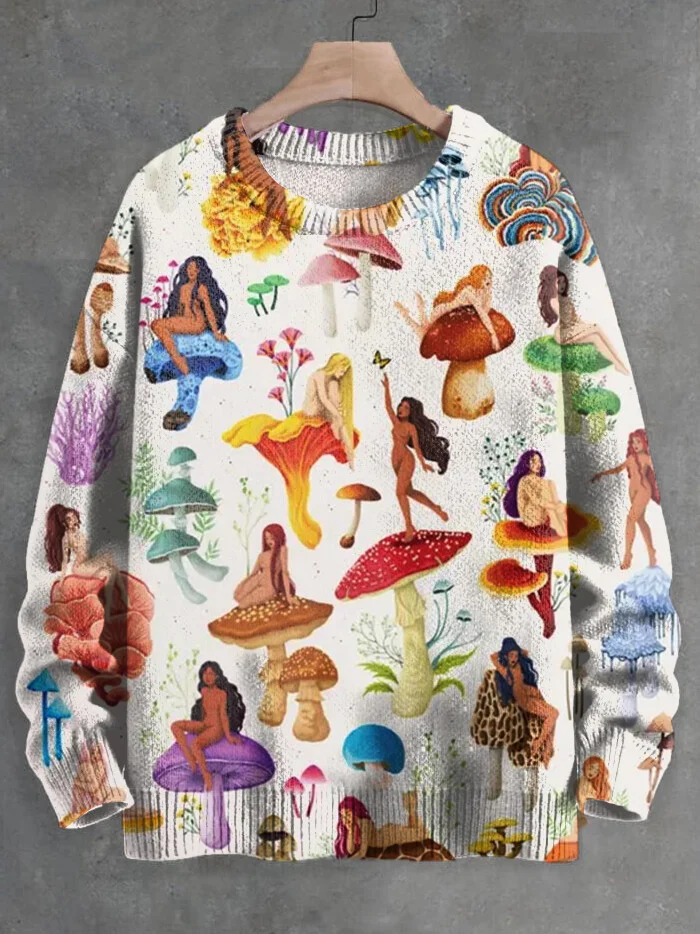 Men's Hippie Art Mushrooms and Girls Print Knit Sweatshirt