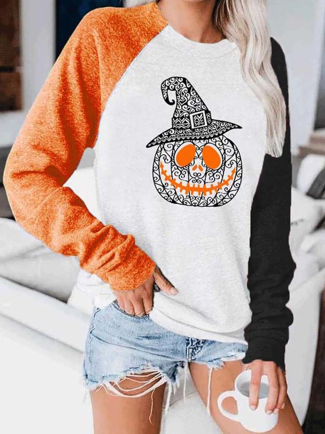 Women's Halloween Hat Pumpkin Face Print Sweatshirt