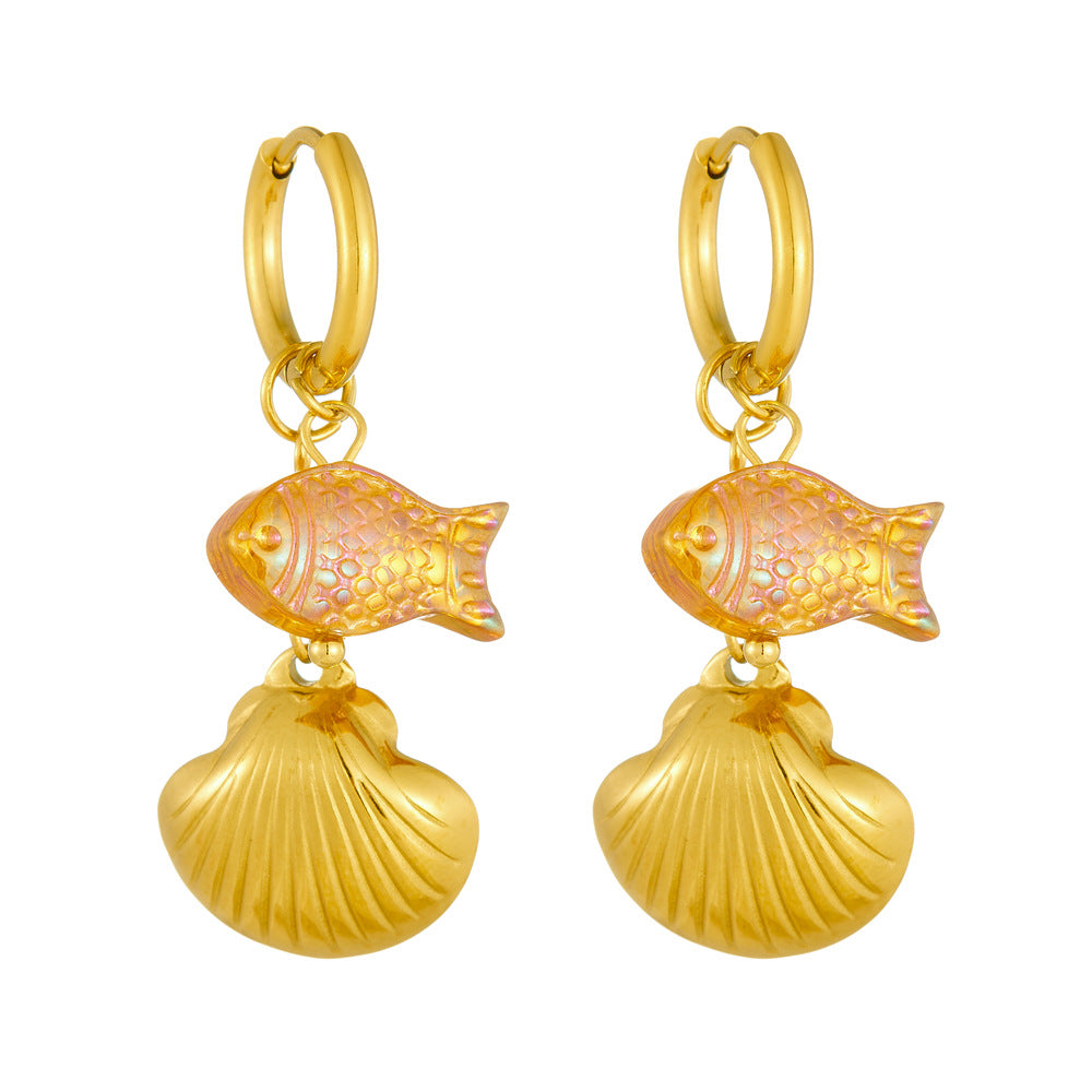 Korean Fashion Simple Design Gold-Plated Scallop Fantasy Goldfish Pendant Round Stainless Steel Earrings