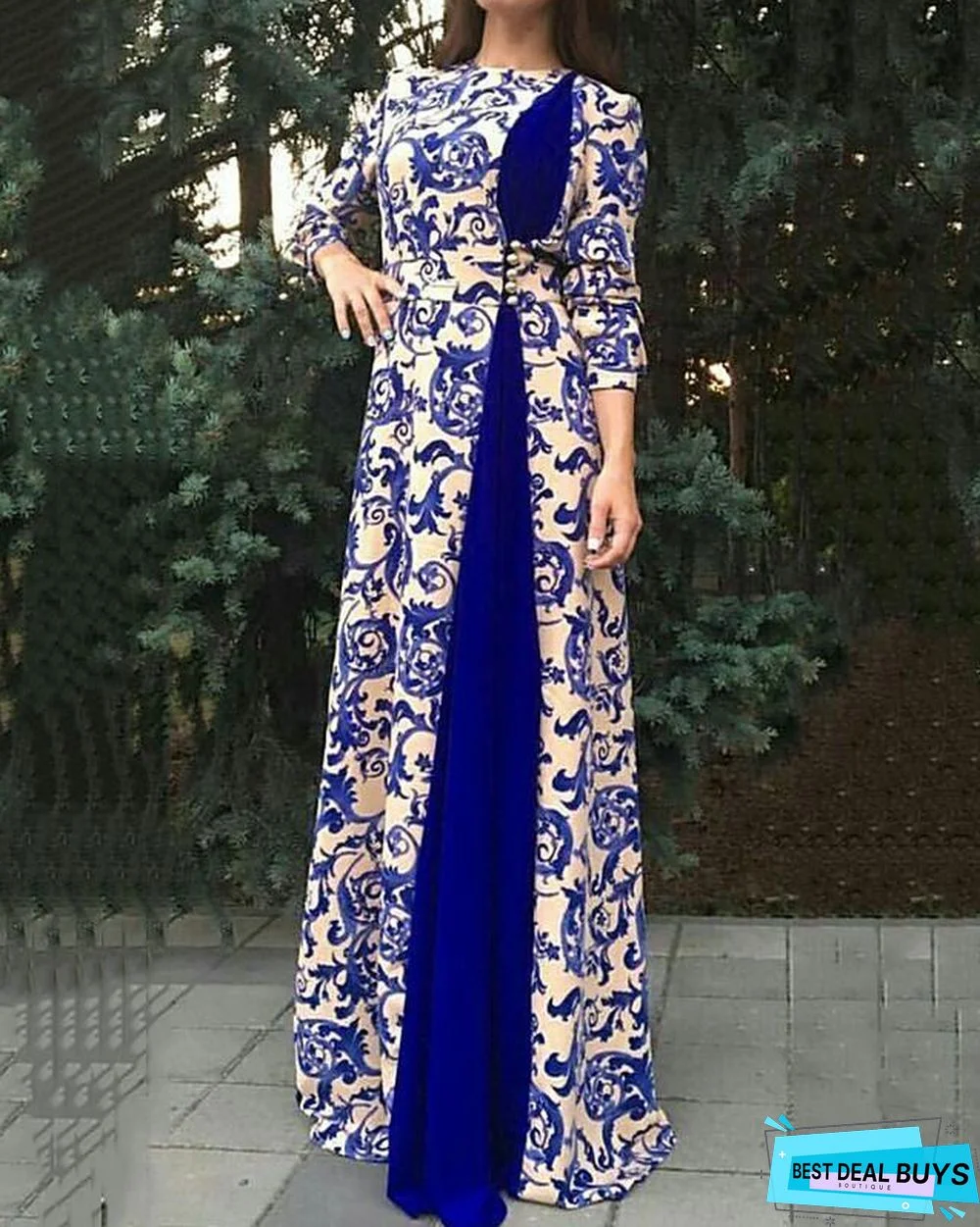 Women's Maxi Long Dress - 3/4 Length Sleeve Paisley Patchwork Print Fall Winter Plus Size Hot Elegant Black Blue Red Brown