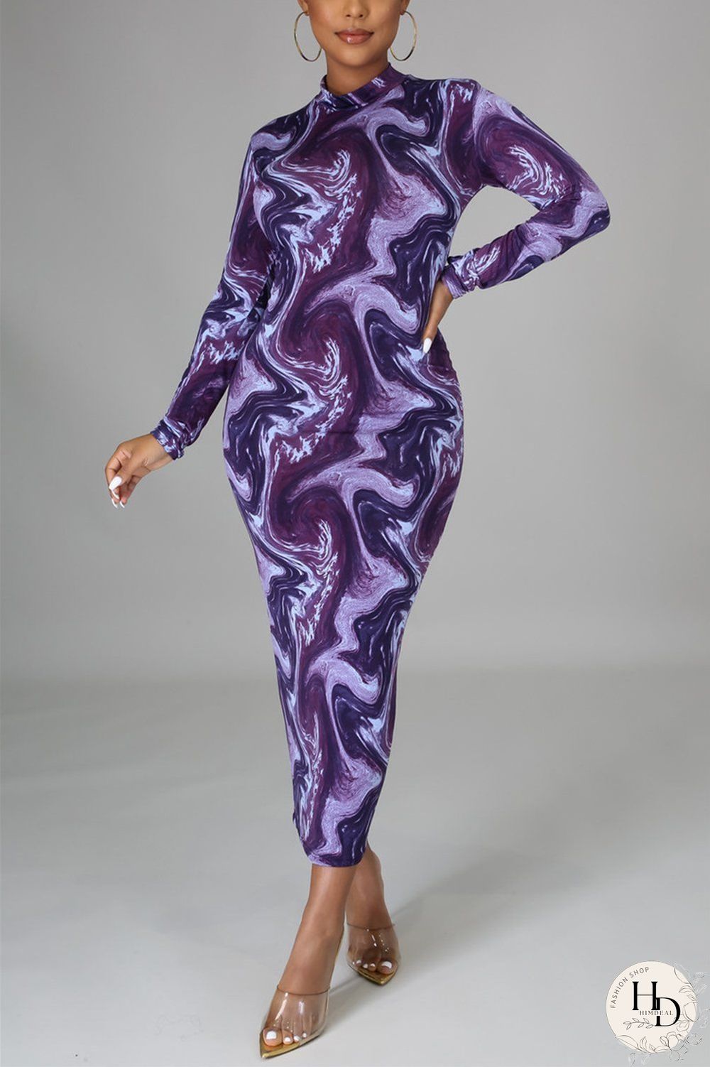 Red Fashion Casual Print Basic Half A Turtleneck Pencil Dresses