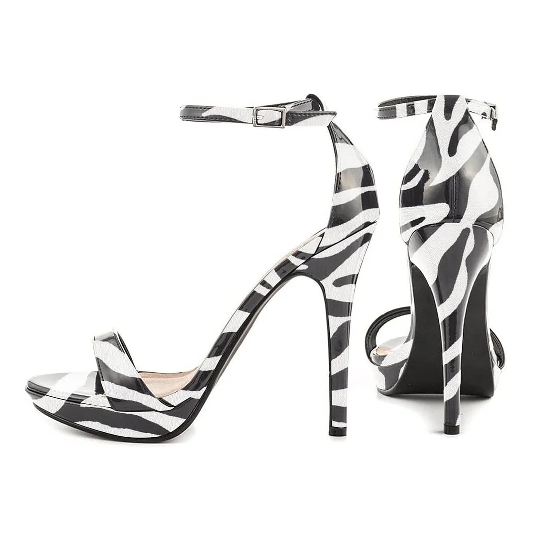 Zebra Print Ankle Strap Open Toe Stiletto Heels with Platform