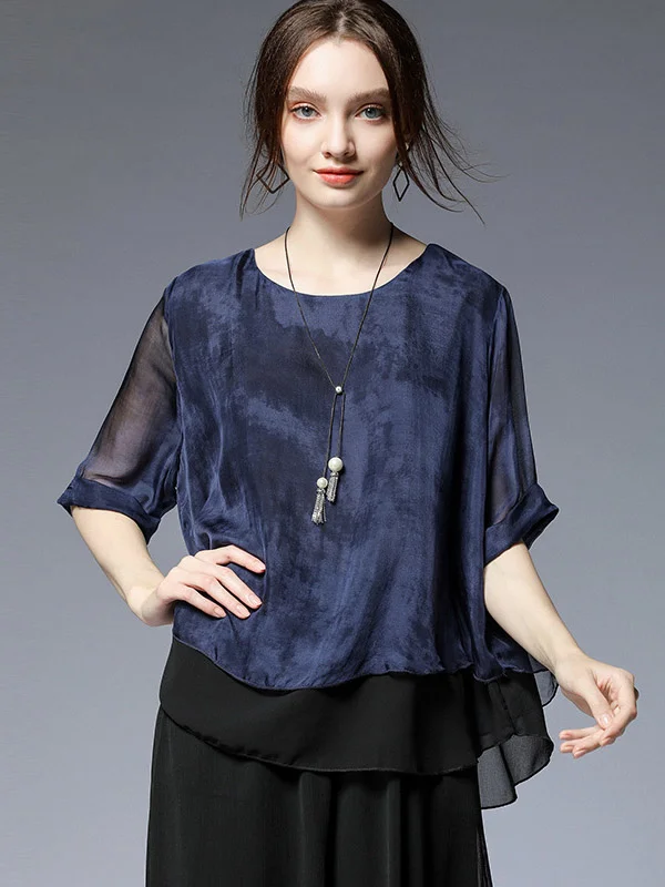 Artistic Retro Mulberry Silk Roomy Stamped Round-Neck Half Sleeves T-Shirt Tops
