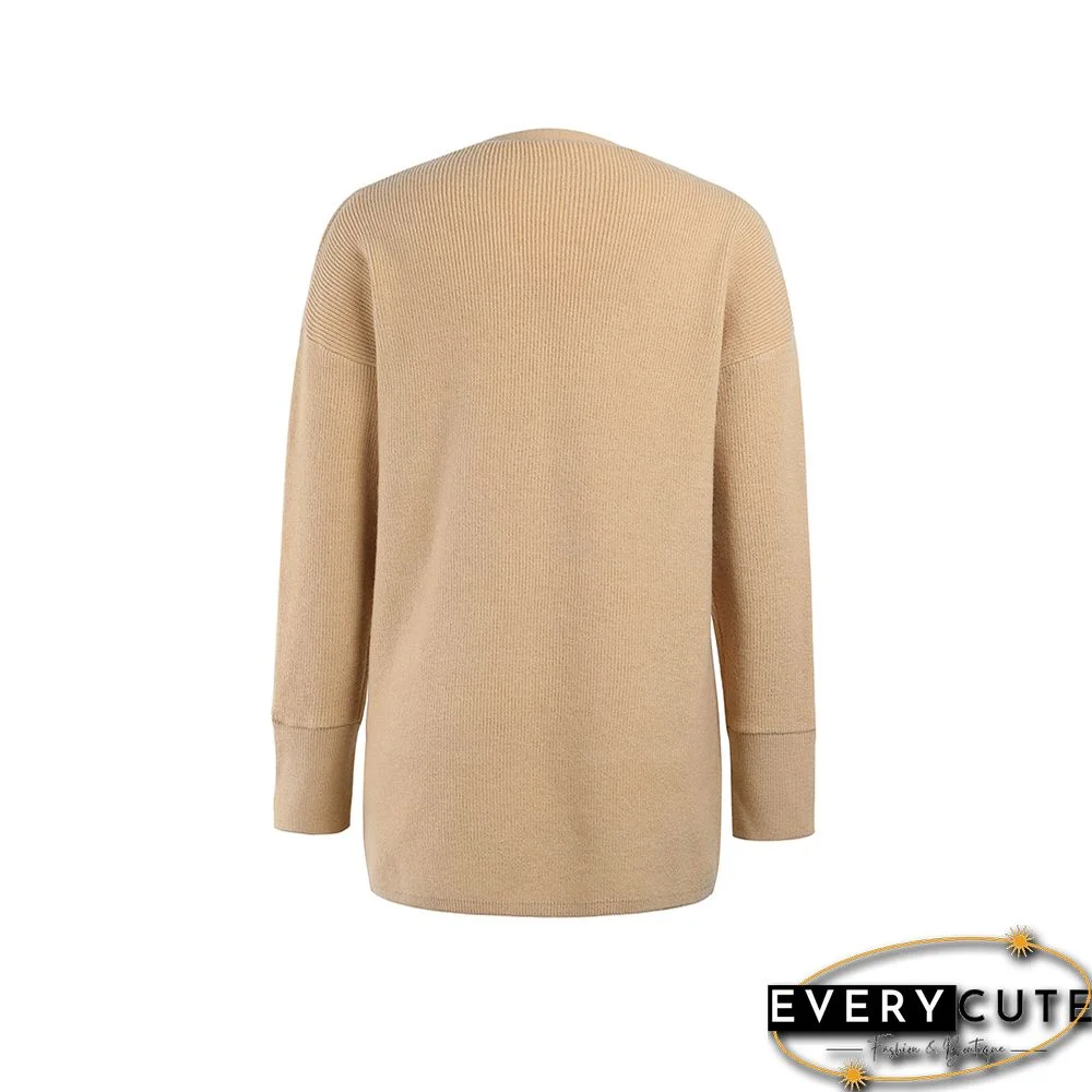 Khaki Button Cuff Knit Pocket Long Cardigan