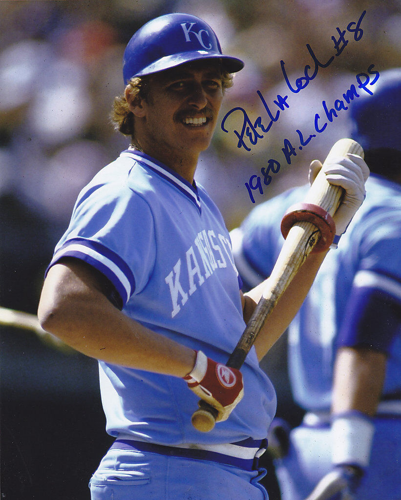 PETE LACOCK KANSAS CITY ROYALS 1980 AL CHAMPS ACTION SIGNED 8x10