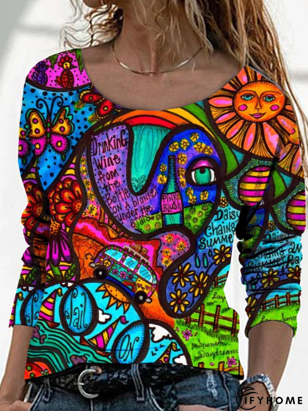 Casual Long Sleeve Round Neck Printed Top Tunic T-Shirt | IFYHOME