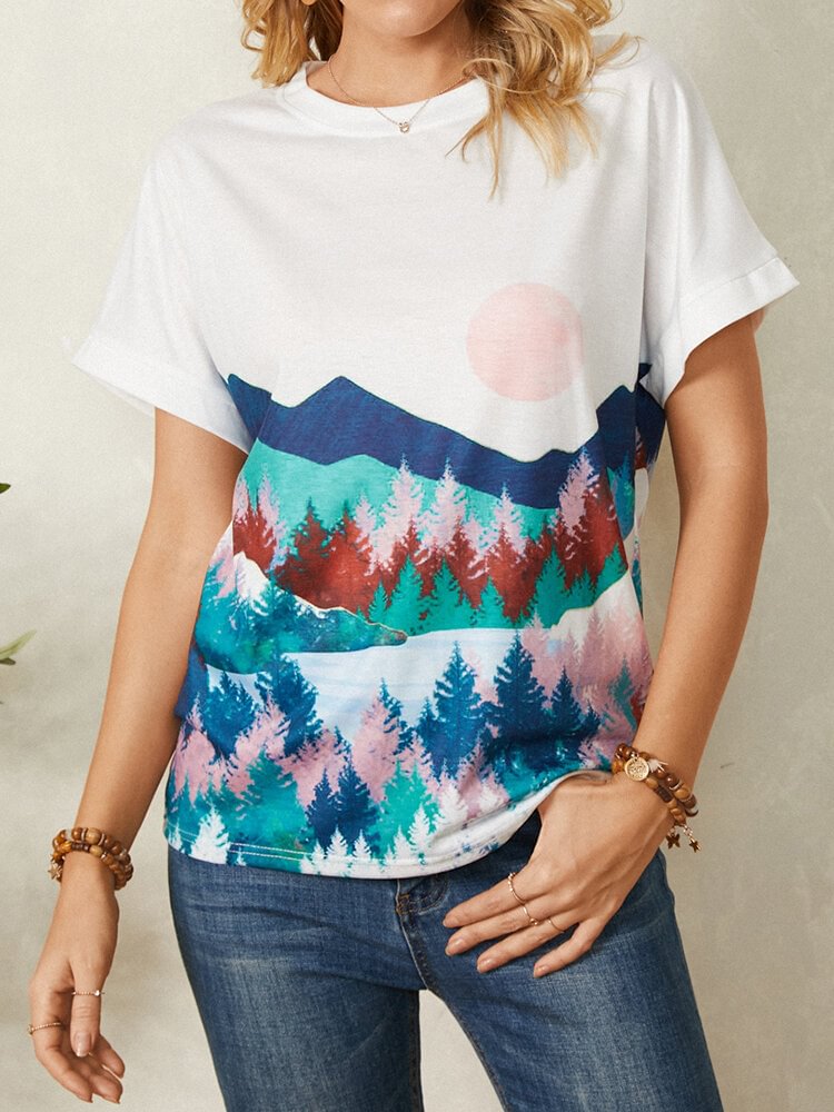 Short Sleeve Landscape Print O neck Casual T Shirt For Women P1820947