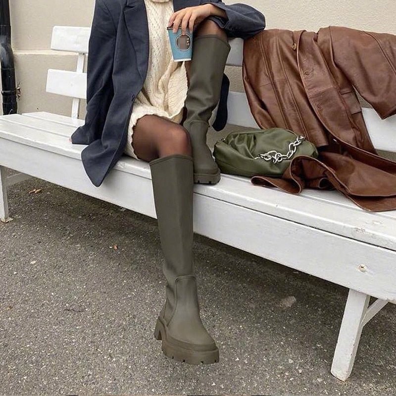 Women's Chunky Heels Round Toe Cool Knee High Boots