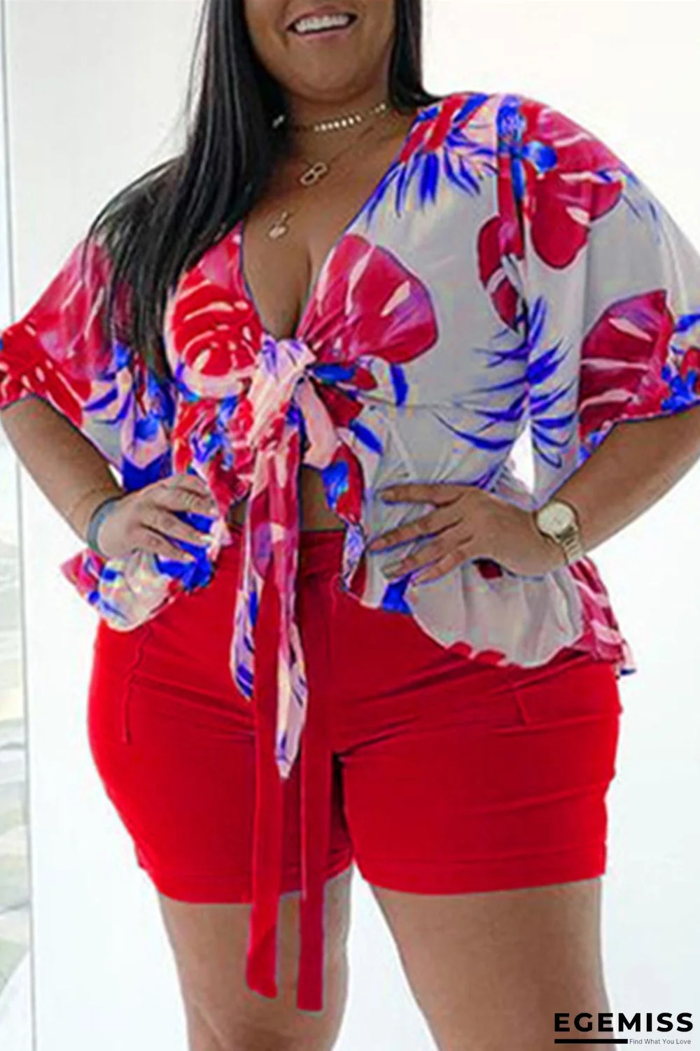 Red Fashion Casual Print Basic V Neck Plus Size Two Pieces | EGEMISS