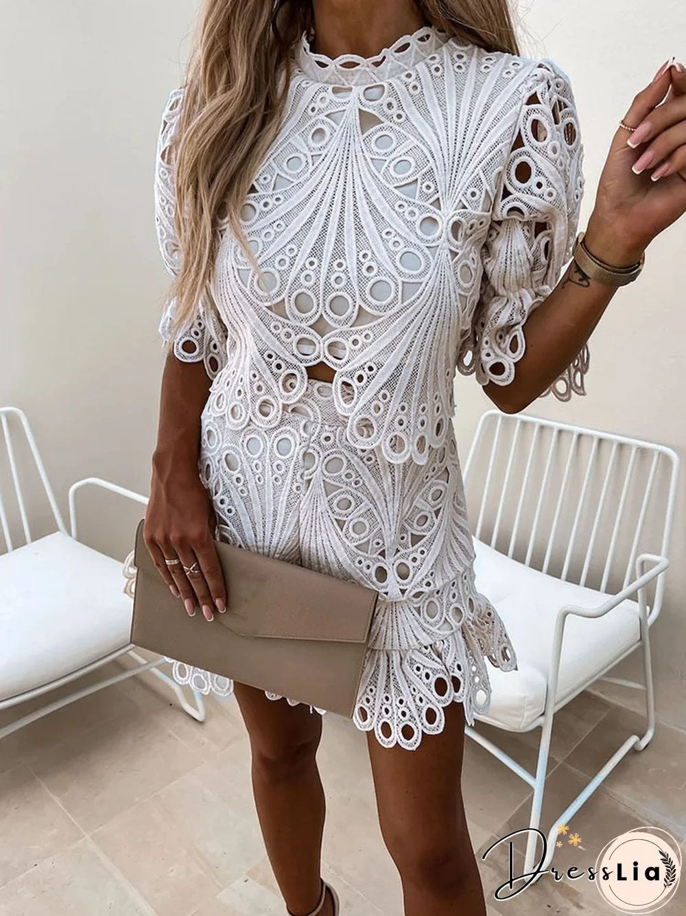 Summer Elegant Outfits Fashion Embroidery Crochet Lace Hollow Out Women 2 Piece Set Back Zipper Casual Short Sleeve Shorts Suits