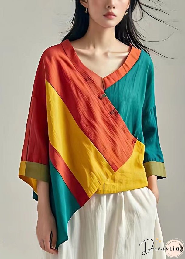 Unique Orange Asymmetrical Patchwork Cotton Shirt