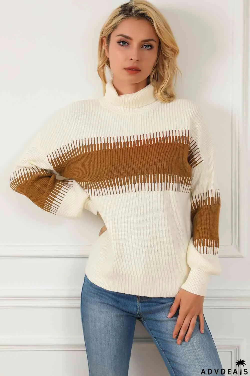 Contrast Turtleneck Long Sleeve Sweater