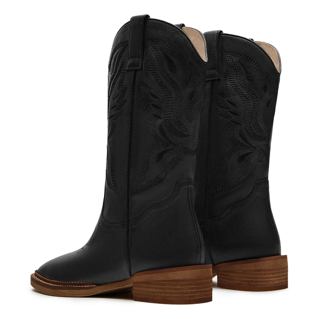 Black Vegan Leather Sophisticated Square Toe Embroidered Pull-On Boots