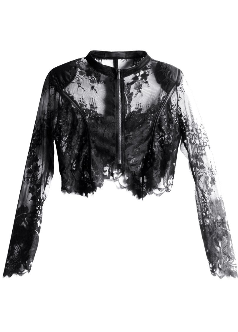 Elegant Black Zippered Tulle Summer Shirt Tops Long Sleeve CK1367- Fabulory