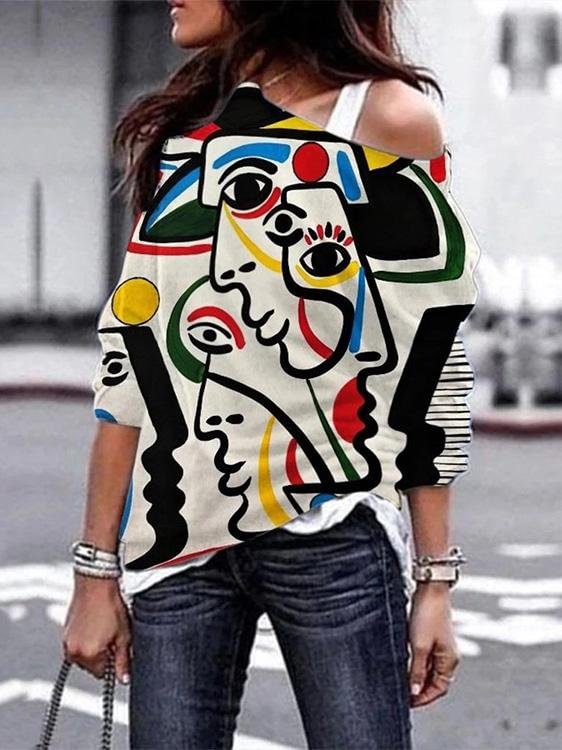 Women'S T-Shirts Abstract Color Face Print Off-Shoulder T-Shirt