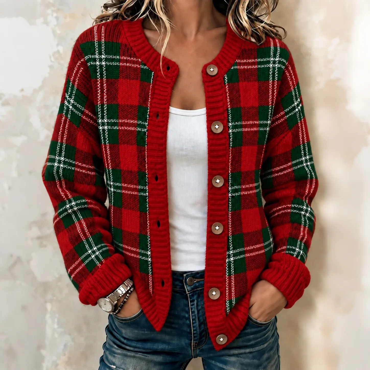 Comstylish Women's Retro Plaid Art Print Knit Button Cardigan