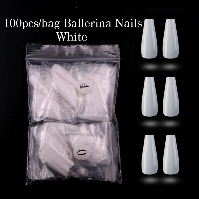 Lamemoria 100/500pcs/opp/box Fake Nails Coffin Nail Tips Press on Nails Natural Clear Long Ballerina DIY False Nail Full Cover