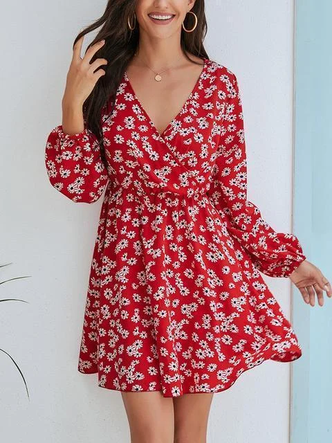 Small Daisy Front Wrap Long Sleeve Dress