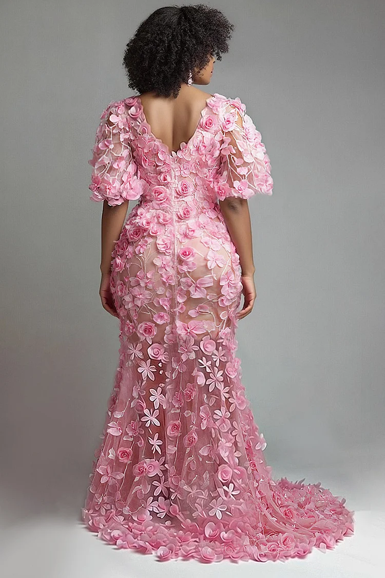 Xpluswear Design Plus Size Formal Pink V Neck Short Sleeve 3D Elegant Mermaid Maxi Dresses [Pre-Order]