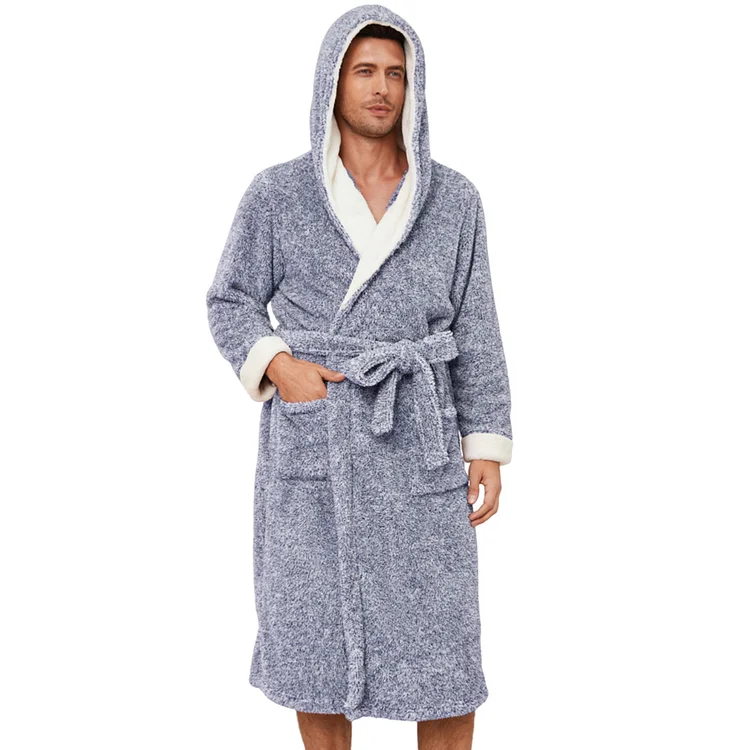 Vulcanodon Mens Plush Hooded Robe, Soft Fluffy Mens Fleece Robe Long Warm Men Bathrobes（Navy Mel., L/XL）