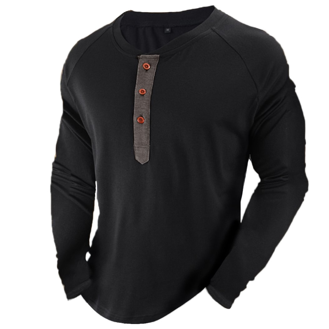 Men's Vintage Henley Collar Long Sleeve T-Shirt-Compassnice®
