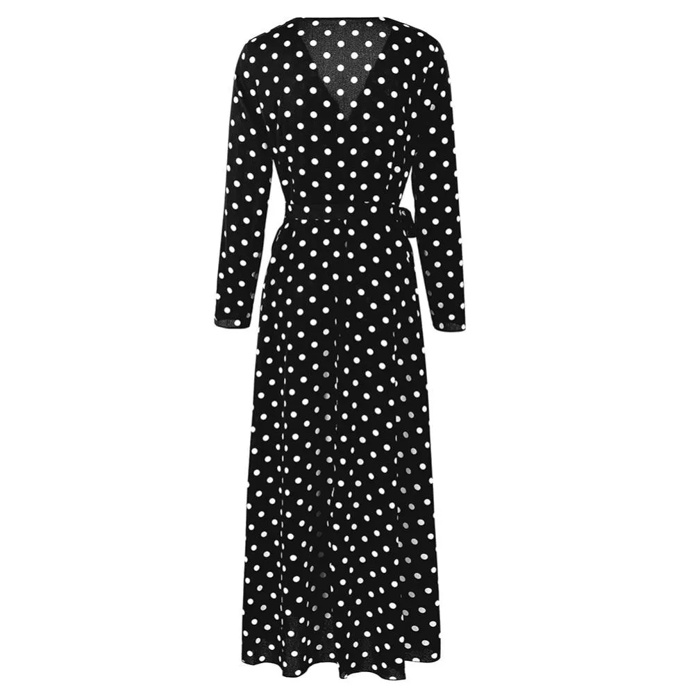 S-3XL Sexy Women Beach Polka Dot Bandage High Split Deep V Long Sleeve Maxi Dress Length Vestido Summer Dresses Party Vestidos