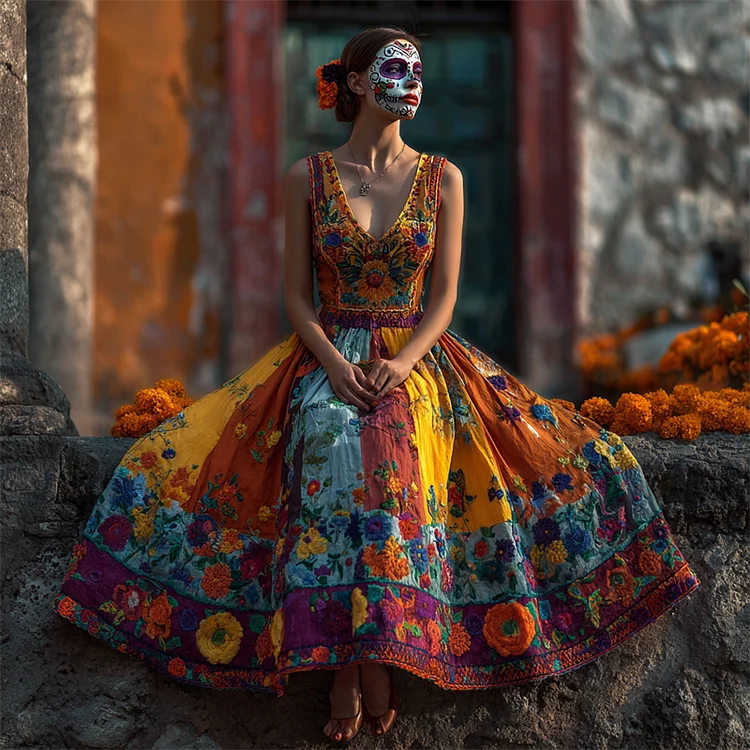 VChics Day Of The Dead Marigolds Floral Embroidered Colorblock Linen Maxi Dress