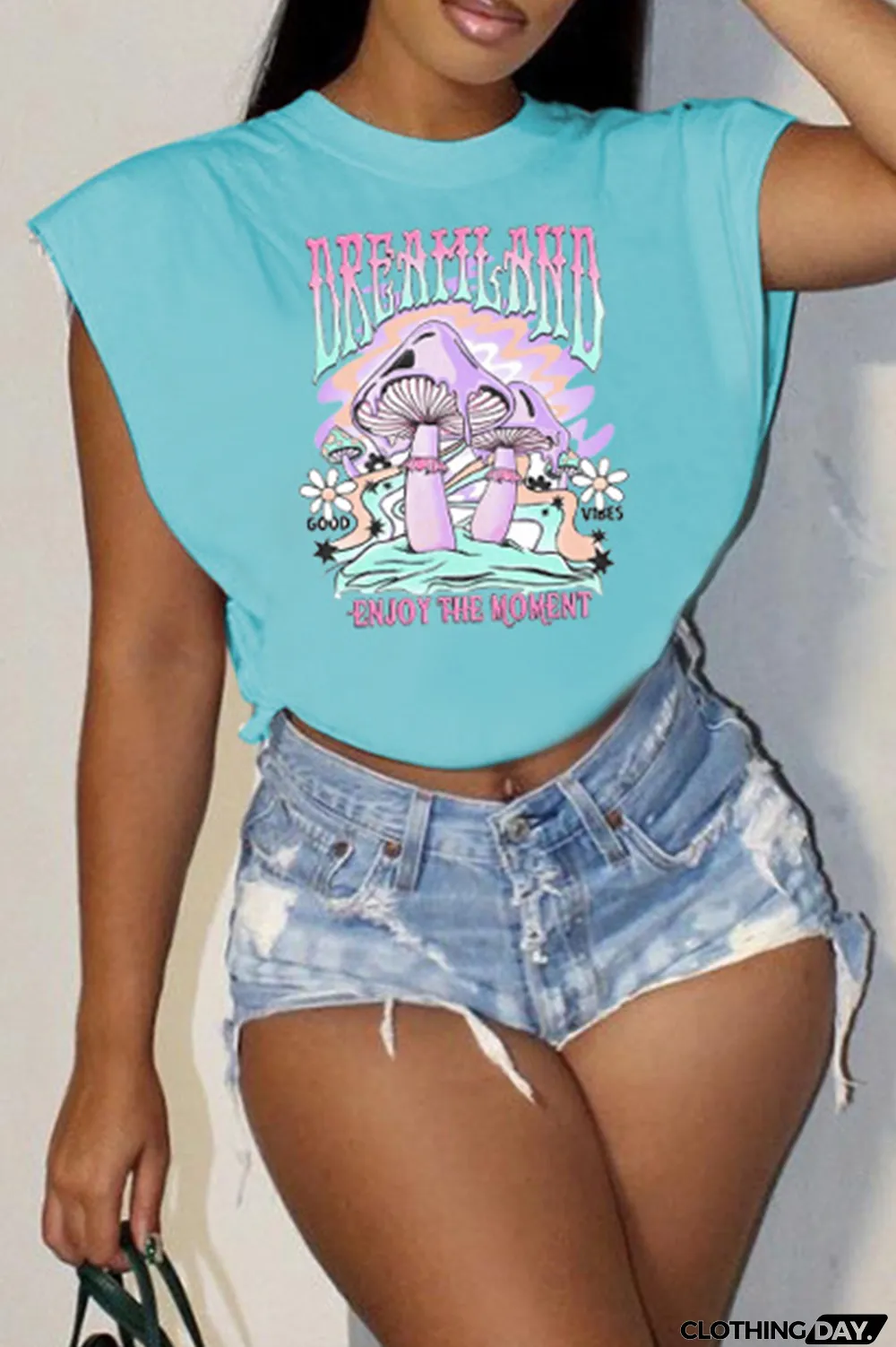 Light Green Fashion Casual Print Patchwork O Neck T-Shirts