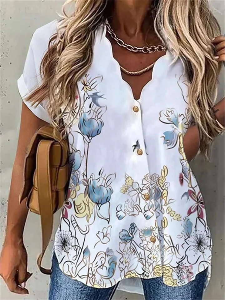 Women's Shirt Blouse Black White Yellow Floral Tie Dye Button Print Short Sleeve Casual Holiday Basic V Neck Regular Floral S