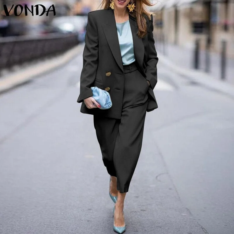 Women Long Sleeve Lapel Suit 2022 Casual Blazer Ropa De Mujer Jackets VONDA OL Office Formal Coats Long Trousers Suits 2PCS