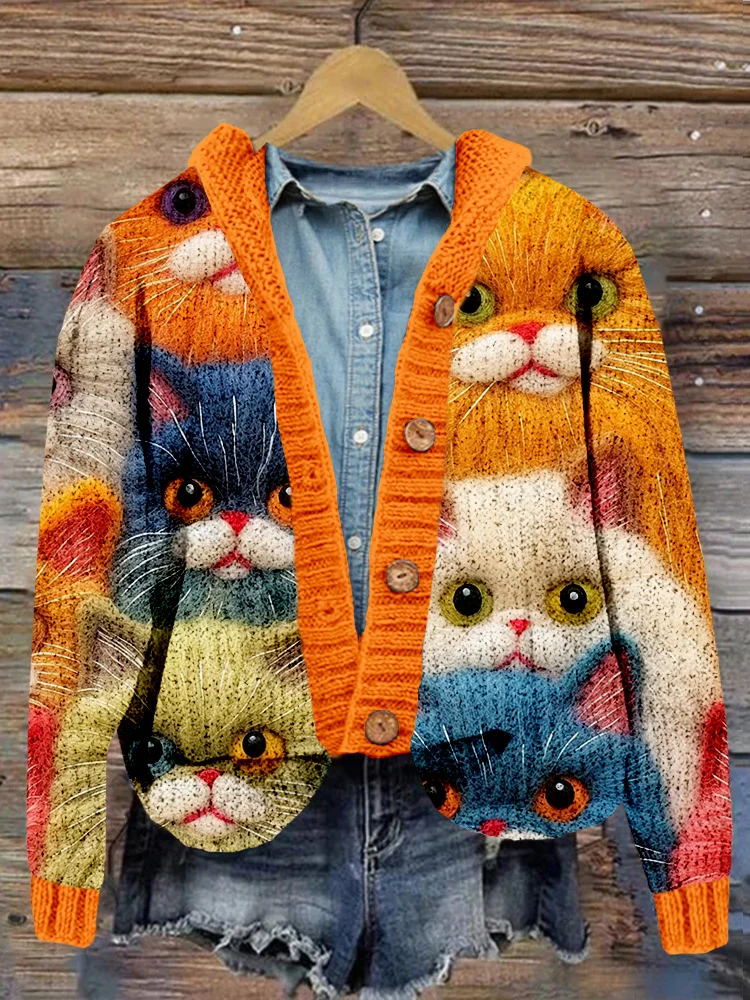 Fluffy Cute Cats Embroidery Art Hooded Cardigan