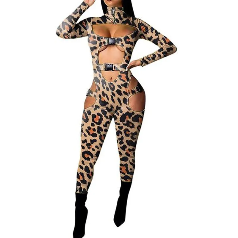 Sexy Women Bodycon Jumpsuit Solid Color Overalls Long Sleeves Rompers Bodysuits High Neck Hollow Out Buckle Biker Short Clubwear
