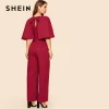 SHEIN Vintage Burgundy Sweetheart Neck Double Breasted Flounce Sleeve Jumpsuit Women Workwear Office Lady Wide Leg Jumpsuits