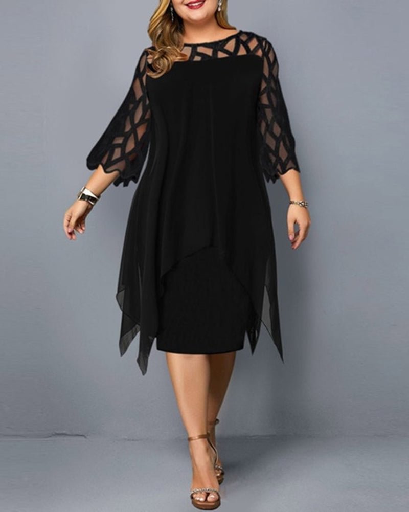 Round Neck Lace Panel Three-quarter Sleeve Irregular Hem Chiffon Dress