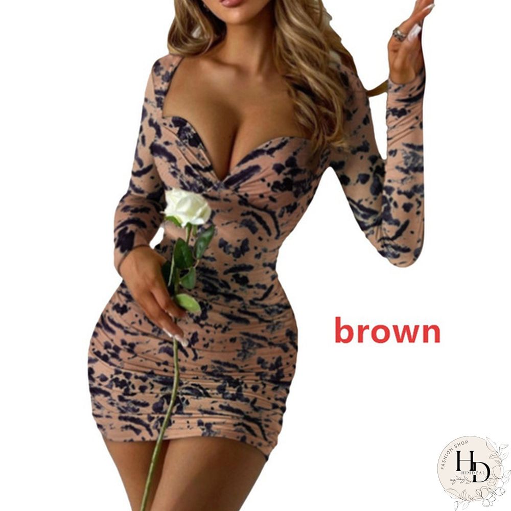 New Fashion Women Print V-neck Long Sleeved Package Hip Mini Dress Party Club Bodycon Dress