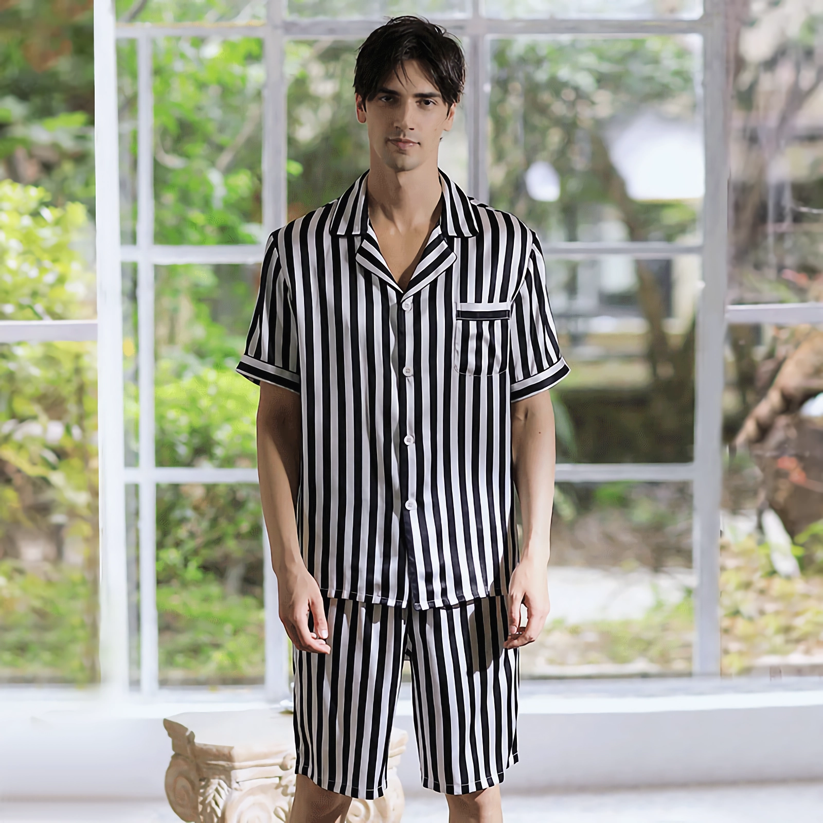 22 Momme Zebra Stripe Printed Short Silk Pajamas For Men REAL SILK LIFE
