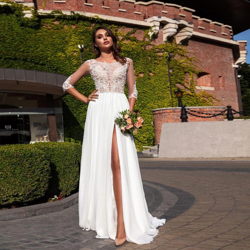 Elegant lace embroidery high split wedding dress-zachics